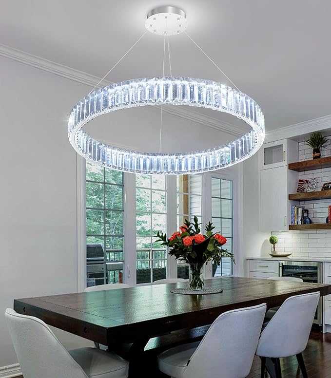 24'' Modern Ring Chandelier Crystal Chandeliers for Dining Room Round LED Dimmable Ceiling Light Fixture for Living Room Bedroom Lighting Silver