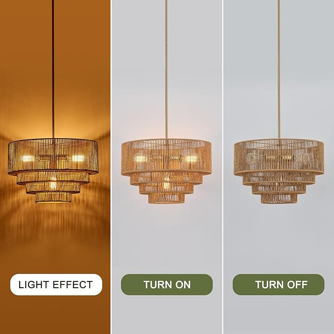 19.7" Boho Rattan Chandelier Light Fixture 4-Light Hand-Woven Bamboo Vintage Farmhouse Chandelier Drum Wicker Golden Chandeliers for Dining Room, Kitchen Island, Bedroom, Foyer
