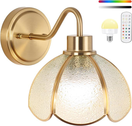 Battery Operated Wall Sconce, Vintage Wall Sconce with Gold Trim Tulip Glass Lampshade Rechargeable Battery Powered Wall Light with Remote Control for Bedside Bedroom Doorway