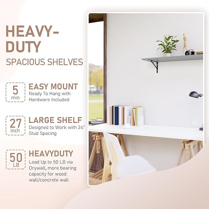 Kaboon 27 inch Long 10 inch Deep Floating Shelves for Wall Set of 2, Large Open Shelves Wall Mounted, Space Saving Home and Commercial Use, Gray