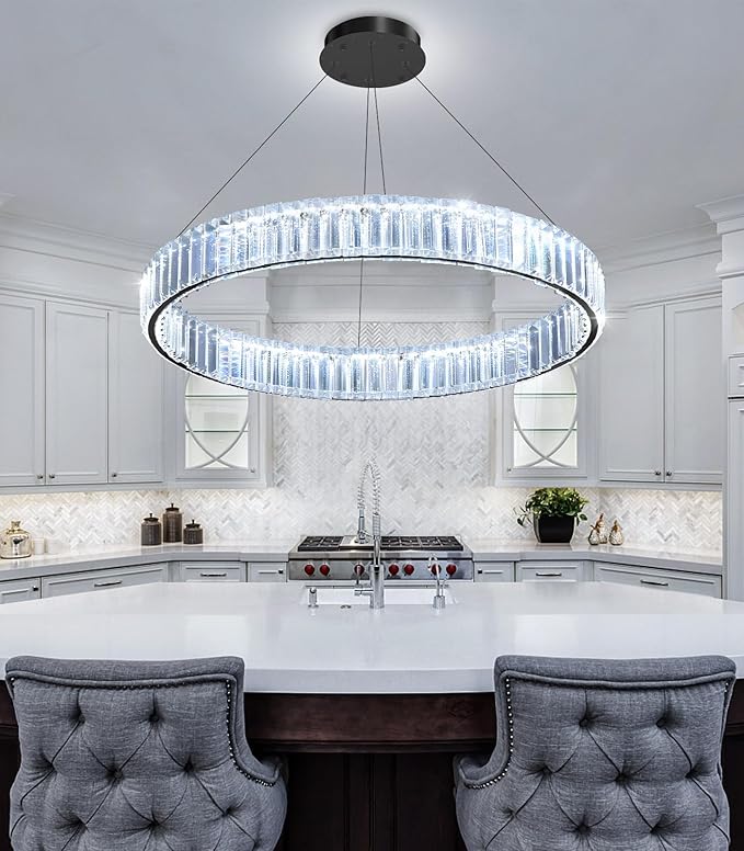 24'' Modern Ring Chandelier Crystal Chandeliers for Dining Room Round LED Dimmable Ceiling Light Fixture for Living Room Bedroom Lighting Black