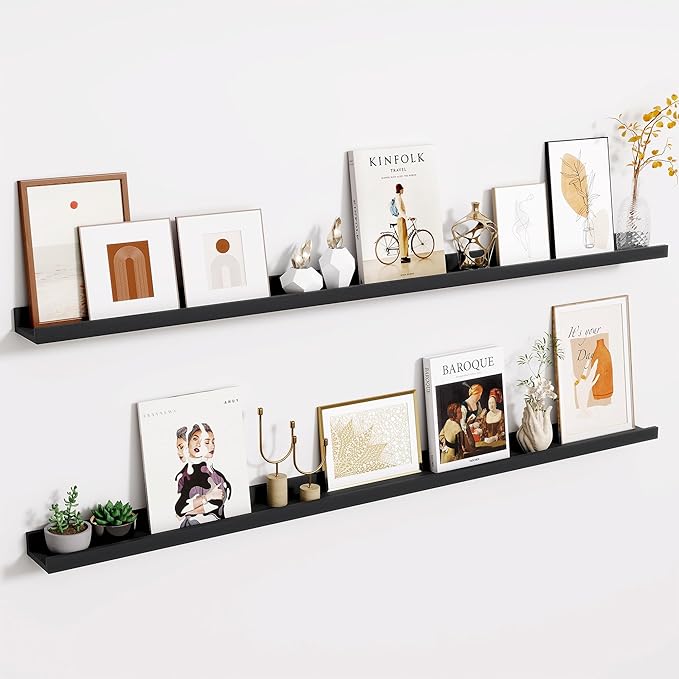 Fun Memories Long Wall Shelves Set of 2-60 Inch Floating Shelves for Wall - Picture Ledge Shelf with Lip for Storage - Wall - Mounted Shelves for Bedroom - Living Room - Kitchen - Black Color