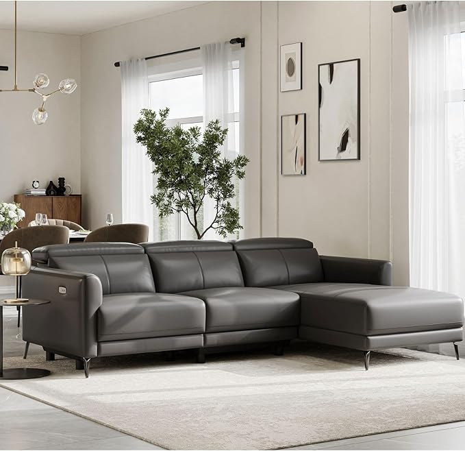 Valencia Andria 99.5" Leather Sectional Couch, Power Recliner with Right Chaise for Living Room - Cloudy Grey