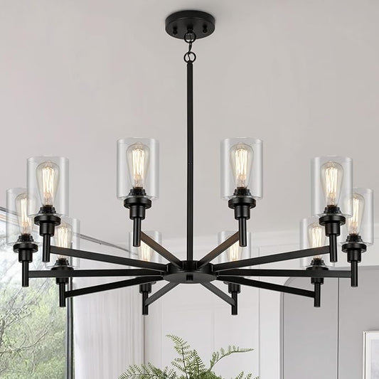 10 Light Large Black Farmhouse Chandelier | Rustic Chandeliers for Dining Room Light Fixture | Industrial Hanging Lighting with Clear Glass Cover for Living Room | Foyer | Staircase | Villa