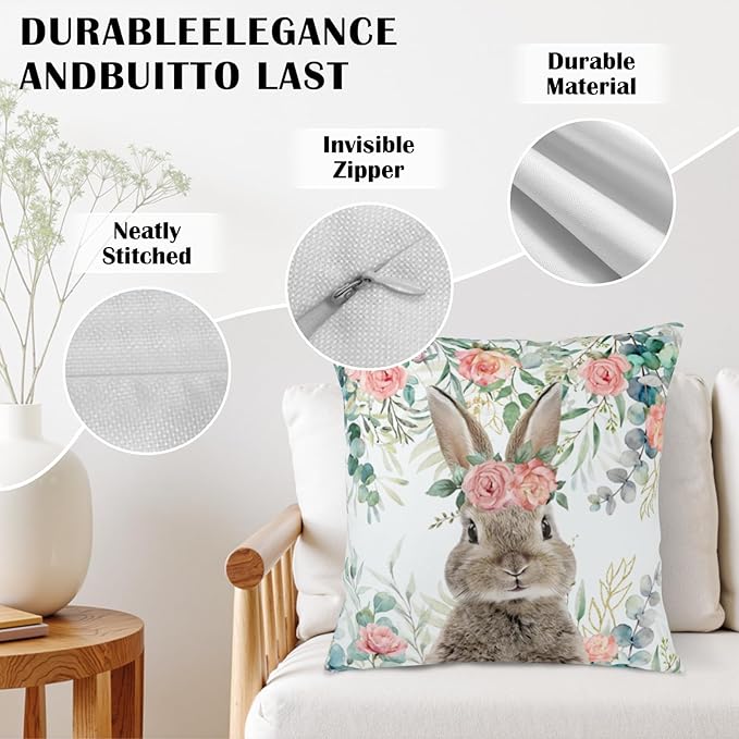 Easter Bunny Outdoor Pillow Covers 18x18 Set of 2 Easter Eucalyptus Leaves Rabbit Throw Pillow Case Spring Watercolor Rose Floral Farmhouse Pillowcase for Home Couch Sofa Decor