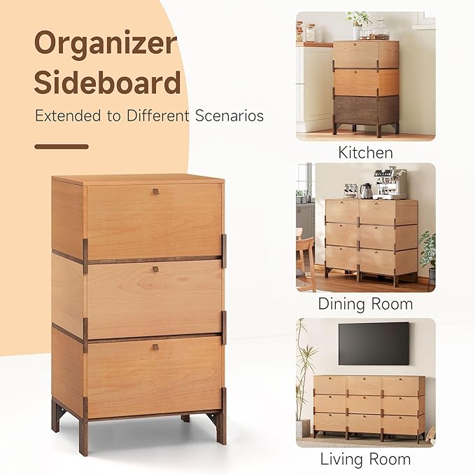 Sebastack Sideboard, Buffet Cabinet with 3 Storage Drawers, Easy Assembly Coffee Bar Cabinet, Wood Buffet Table for Kitchen, Dining Room, Bathroom, Beech and Basswood Color Combo (1 pcs)