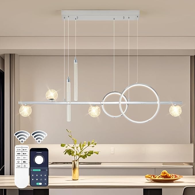 Modern LED Pendant Lights, Dimmable 47in Silver LED Chandelier Lighting, Upgraded Chrome Linear Dining Room Hanging Light Fixtures Kitchen Island Globe Pendant Light for Dining Table (4200lm)