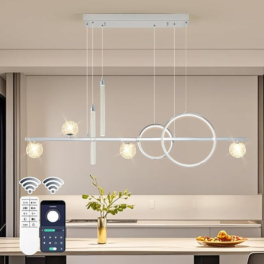 Modern LED Pendant Lights, Dimmable 47in Silver LED Chandelier Lighting, Upgraded Chrome Linear Dining Room Hanging Light Fixtures Kitchen Island Globe Pendant Light for Dining Table (4200lm)