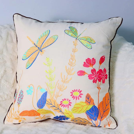 Set of 2 Embroidered Decorative Throw Pillow Covers Couch Square Pillowcases Cushion for Bedroom Sofa Farmhouse Decor 18x18 Inch (Dragonfly)