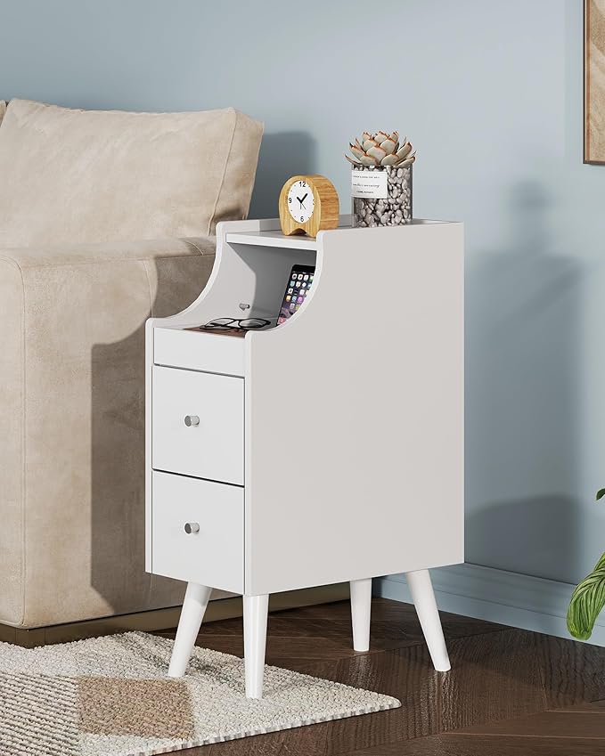 WLIVE Small Nightstand with Drawers, Narrow Bedside Tables with Open Shelf & Cable Hole, Narrow Nightstand for Bedroom, Modern Storage Cabinet for Small Spaces/Living Room, White