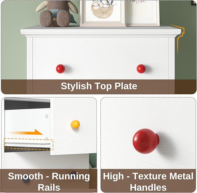 LIKIMIO Small Dresser Tall, 6 Drawer Tall Skinny Dresser with Colorful Handles, Chest of Drawers for Bedroom, 51.5" H Modern Wooden Floor Storage Cabinet with Metal Sliding Rail, White