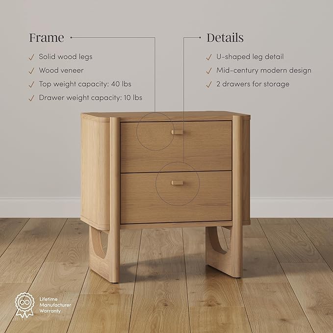 Nathan James Solace Mid Century Modern 2 Drawer Nightstand with Solid Wood Frame and Rounded Details, Raw Oak