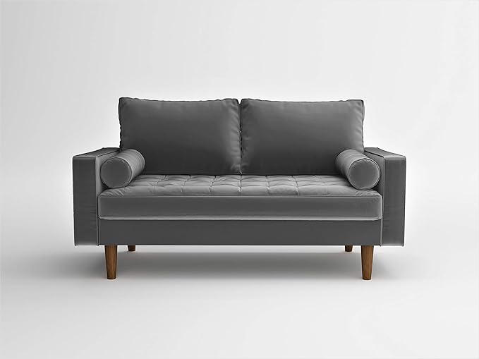 Container Furniture Direct Womble 58 Inch Velvet Loveseat Sofa with Elegant Button Tufted Upholstery, Square Arms, Splayed Wood Legs, Includes Matching Bolster Pillows, Grey