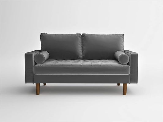 Container Furniture Direct Womble 58 Inch Velvet Loveseat Sofa with Elegant Button Tufted Upholstery, Square Arms, Splayed Wood Legs, Includes Matching Bolster Pillows, Grey