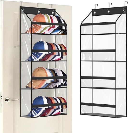 AOODA Clear Over the Door Hat Racks for Baseball Caps, Hold 48 Caps Hat Storage Organizer for Closet Wall, Deep Pockets Hanging Snapback Holder Shelves with 3 Hooks, Black