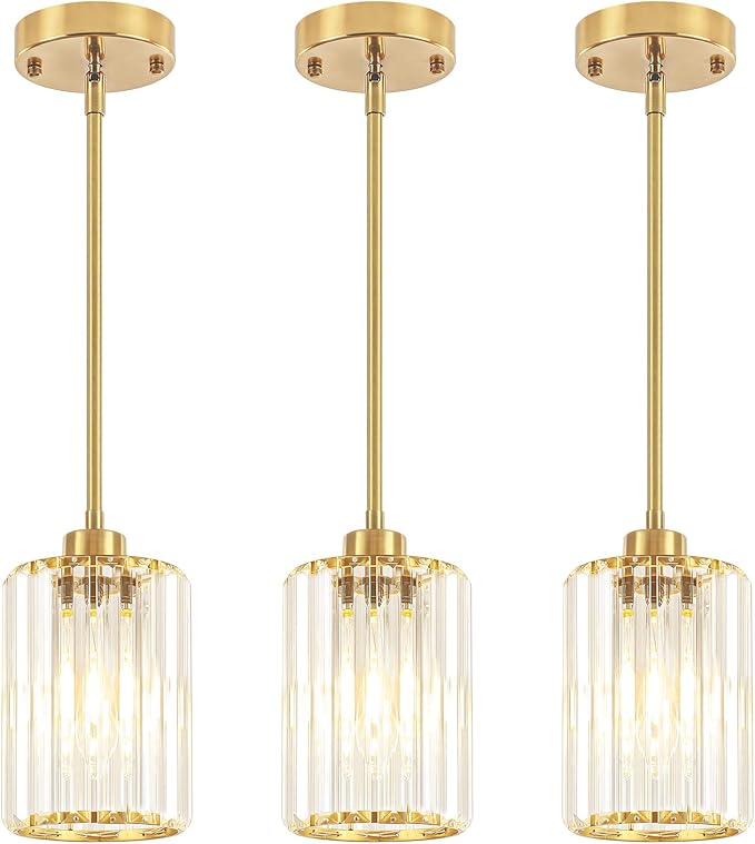 3 Pack Pendant Lights Kitchen Island Brass Gold, Modern Crystal Kitchen Pendant Hanging Lighting Fixtures Mini Chandelier Pendant Light for Hallway Dining Room Bathroom Over Table Bedroom