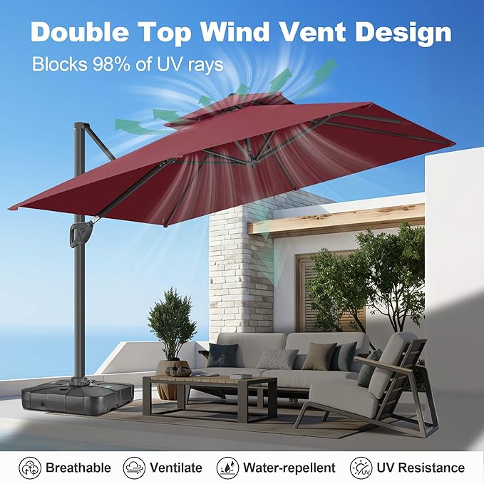 FLAME&SHADE 8.2 X 8.2 FT Cantilever Patio Umbrella - Large Offset Umbrella Outdoor Patio with 360-Degree Rotation and 3-Year Fade Resistance Fabric for Deck Pool Backyard Garden, Burgundy
