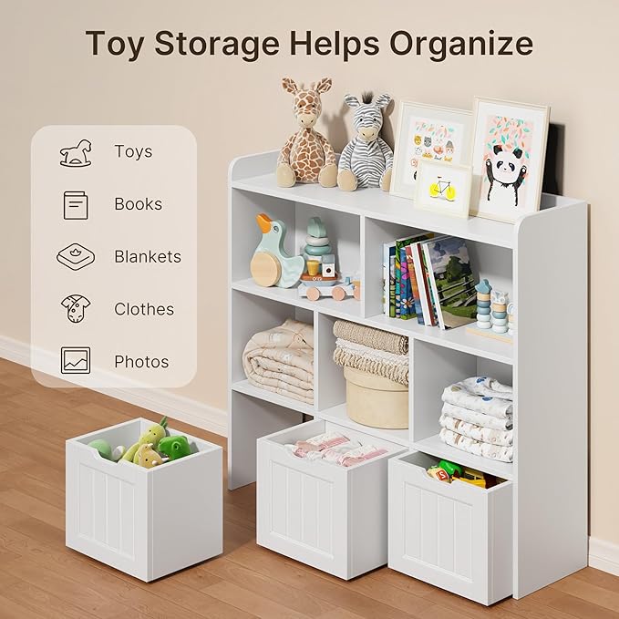 Gizoon Toy Storage Cabinet and Kids Bookcase with 3 Movable Drawers and 6 Open Shelves Featuring Fall Prevention Barrier for Playroom Nursery Kids Room Organization, White