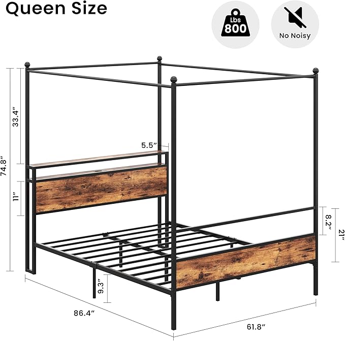 LIKIMIO Canopy Bed Frame Queen with Storage Headboard & Charging Station, Sturdy Metal Platform Bed with 4 Removable Posts, Dual Purpose Bed Frame, No Box Spring Needed, Noise Free