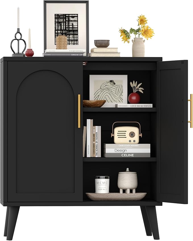 15.7" D Set of 2 Modern Buffet Cabinet with Storage, Buffet Sideboard with Adjustable Shelf and Solid Wood Legs, Accent Floor Storage Cabinet for Kitchen, Living Room and Entryway, Black
