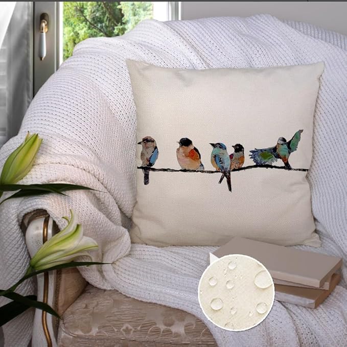 RABUSOFA Outdoor Pillow Covers 20x20 Inch,Outdoor Bird Lumbar Throw Pillow Cases Small Decorative Pillows for Couch Patio Furniture Polyester Linen Teal Blue Waterproof