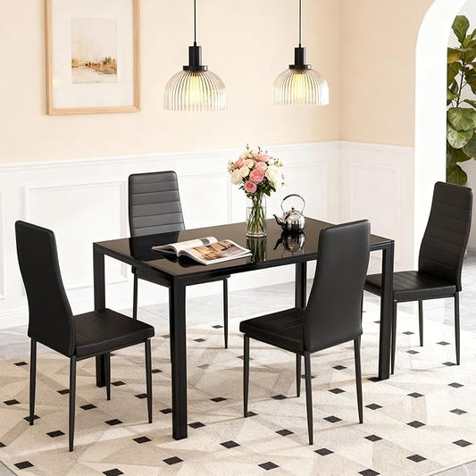FDW | Dining Table for 4-6 People | Black | 47 Inch Rectangular Glass Kitchen Table | Space-Saving and Modern Design | for Dining Room, Easy to Assemble