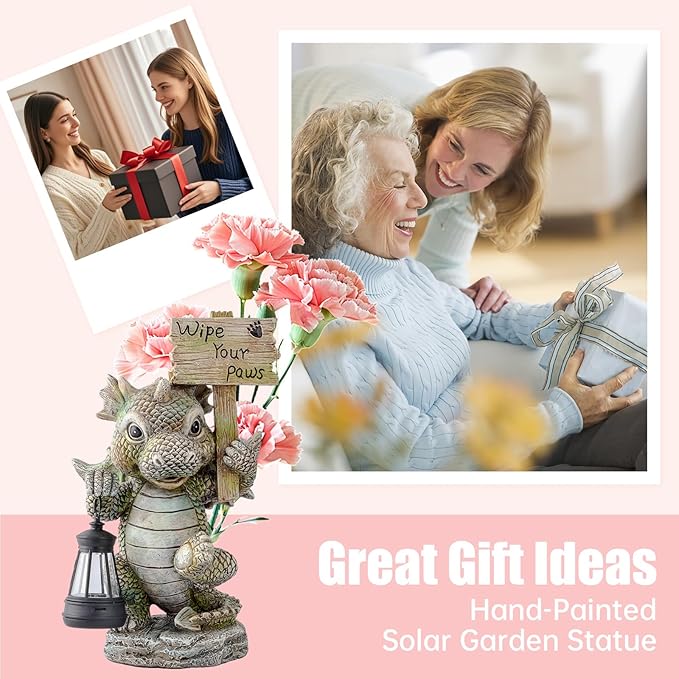 Solar Dragon Garden Statue with Lantern, Resin Outdoor Yard Decor Figurine, Waterproof Solar Powered Light for Patio, Lawn, Walkway & Front Porch (Dragon)
