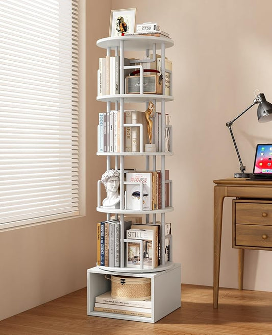 5 Tier Rotating Bookshelf with Extra Storage Cabinet, 360°Spinning Corner Bookshelf, Floor Standing Bookcase for Kids & Adult, Narrow Book Shelf for Bedroom Living Room, Pure White