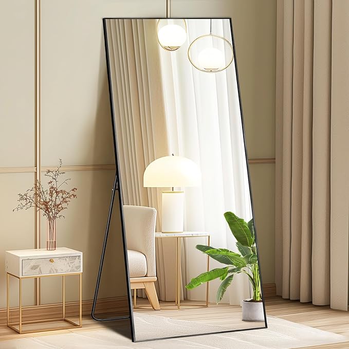 DUMOS Full Length Mirror with Stand, 56"x21" Floor Mirror with Aluminum Alloy Frame for Bedroom, Standing Full Body Mirror with Shatter-proorf Nano Glass for Wall, Living Room, Cloakroom, Black