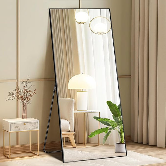DUMOS Full Length Mirror with Stand, 56"x21" Floor Mirror with Aluminum Alloy Frame for Bedroom, Standing Full Body Mirror with Shatter-proorf Nano Glass for Wall, Living Room, Cloakroom, Black