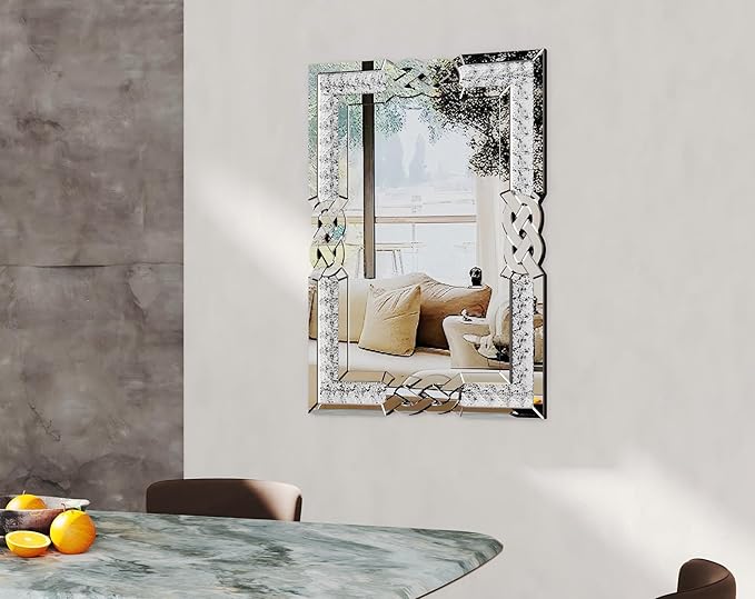 Crushed Diamond Mirror Silver Vanity Rectangular Wall Decor 36x24 inch