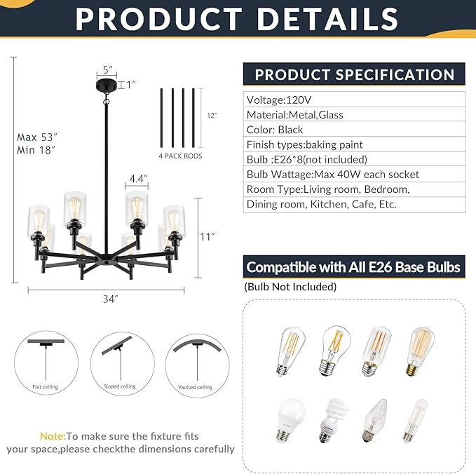 Black Chandeliers for Dining Room Light Fixture, Modern Farmhouse Chandelier, 8 Lights with Clear Glass Shade Industrial Hanging Lighting for Living Room Kitchen Island Bedroom