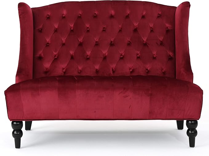 Christopher Knight Home GDFStudio Leona Modern Glam Tufted Velvet Wingback Loveseat, Wine and Dark Brown, 34.00 ''D x 50.25‘’W x 38.50'' H