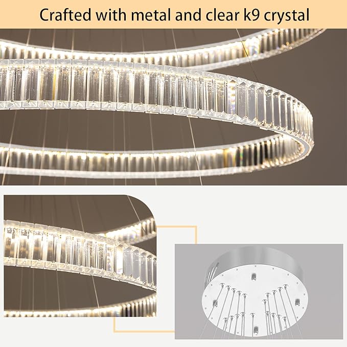 Large Ring Crystal Chandelier Modern Dimmable Chandelier High Ceiling Chandelier Round LED Ceiling Light Fixture for Foyer Long Stair Big Chandelier Silver 8''+16''+24''+32''+40''