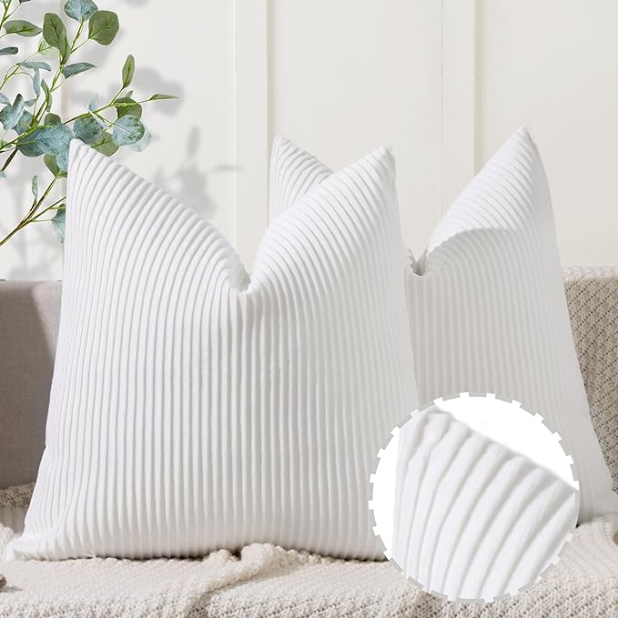 YCOLL White Pillow Covers 16x16 Set of 2 Velvet Striped Pattern - Soft Throw Pillows for Home Decor, Luxury Decorative Pillow Covers for Couch, Bed,Living Room