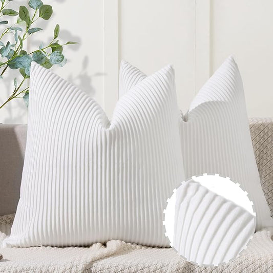 YCOLL White Pillow Covers 22x22 Set of 2 Velvet Striped Pattern - Soft Throw Pillows for Home Decor, Luxury Decorative Pillow Covers for Couch, Bed,Living Room