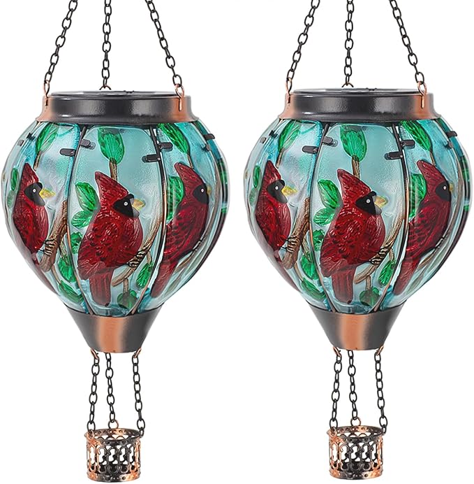 2 PCS Cardinal Hot Air Balloon Solar Lantern with Flickering Flame Light,Glass Hanging Solar Lights Outdoor Waterproof for Patio Yard Party Gift Decor