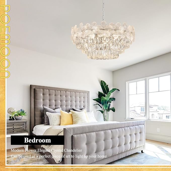 Chrome Modern Flower Crystal Chandelier 11 Lights 6-Tier Luxury Chandelier Light Fixture 24" for Living Dining Room Kitchen Entryway Bedroom Foyer, E12