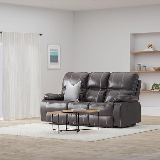 Zoey Dark Graphite 84" Power Sofa with Dual Recliners, Microsuede Upholstery, and USB Charging Station