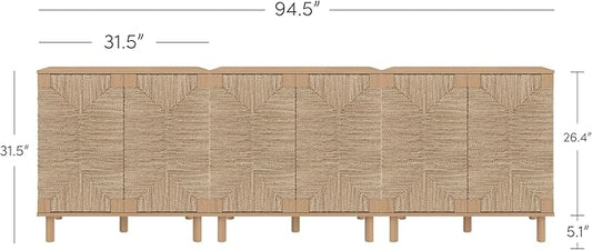 Nathan James Beacon Boho TV Stand, Free Standing Kitchen Cabinet Storage with Adjustable Interior Shelf and Seagrass Accent, Seagrass/Raw Oak, Set of 3