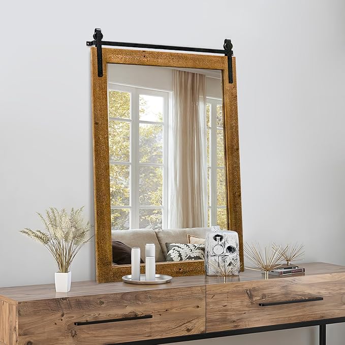 Farmhouse Barn Door Mirror, 25" x 38" Rustic Bathroom Mirror, Wood Framed Wall Mirrors, Rectangular Decor Mirrors for Living Room, Bedroom, Entryway, Brown
