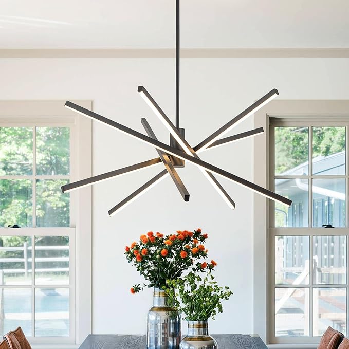 Y'INSP Black Sputnik Chandeliers Modern LED Linear Chandelier Light 5 Lights Dining Room Light Fixtures Over Table Embedded 45W Sputnik Light Fixture for Kitchen Island Bedroom Living Room