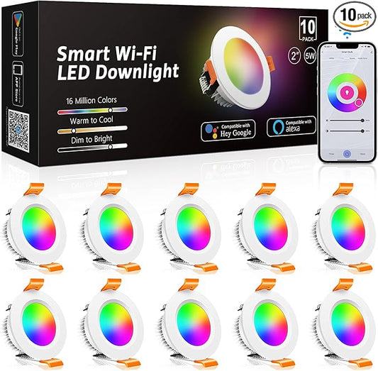 inShareplus 10 Pack 2 Inch Smart Recessed Lighting, WiFi LED Downlight 5W 120V, Dimmable RGBCW 2700-6500K Color Changing, Compatible with Alexa/Google, Ceiling Lights with LED Driver