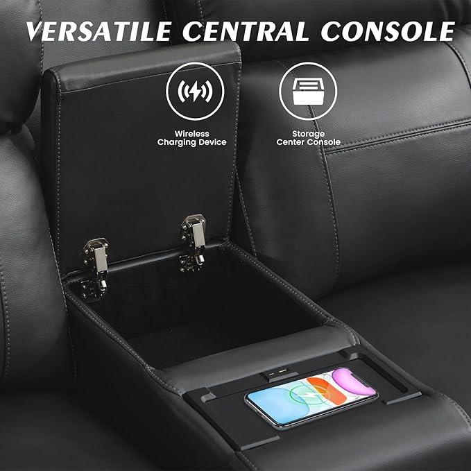 Netpane Breathable Leather Power Recliner Sofa Set with LED, Power Reclining Sofa and Loveseat Set with Adjustable Headrest/Wireless Charger/USB Ports/Storage for Living Room/HomeTheater (Grey&Black)