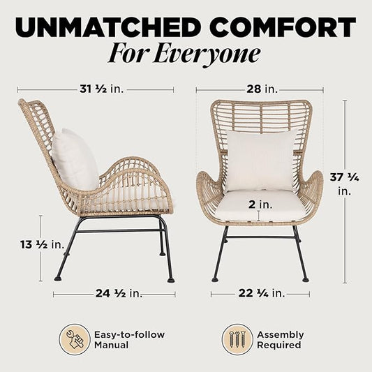 IDZO Isabelle Wicker Chairs Set of 2, 2000 Hours UV Wicker Rattan Chair, 500lbs Capacity Boho Patio Chairs with Thick Olefin Cushions and Pillows for Patio, Indoor Use