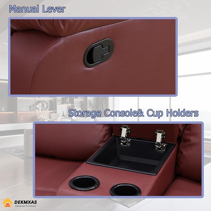 2PCS Manual Recliner Sofa Set Living Room Furniture Sets Bonded Leather Reclining Couch Set Modern Sofa and Loveseat Set with Cup Holders/Overstuffed Arms for Home/Office (Red,Sofa+Loveseat)