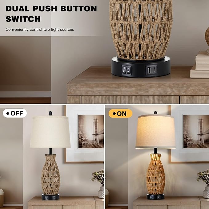 27" Boho Rattan Table Lamp Single with Night Light, Handwoven Wicker Bedside Lamp with USB A+C Charging Port, Woven Coastal Bedroom Lamps for Night stand, Beach Living Room Lamps for End Table