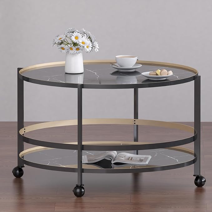 Round Coffee Table with Wheels & 2-Tier Design Black Marble-Textured Top, Sturdy Metal Frame & Premium Baked Paint Finish for Living Room, Balcony, Home - Easy Assembly - 31.5"x19.7"