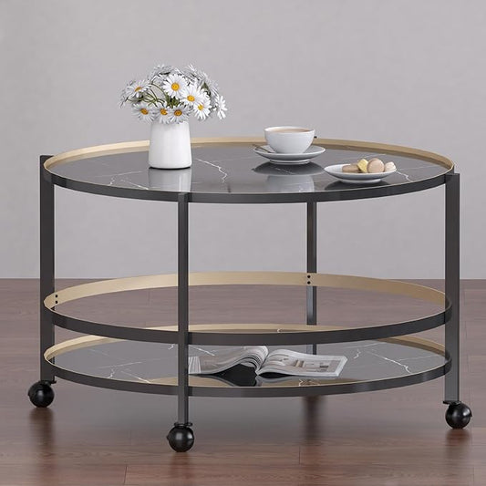 Round Coffee Table with Wheels & 2-Tier Design Black Marble-Textured Top, Sturdy Metal Frame & Premium Baked Paint Finish for Living Room, Balcony, Home - Easy Assembly - 31.5"x19.7"