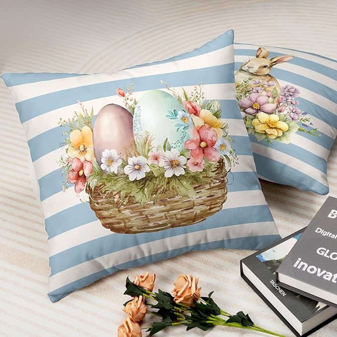2 Pack Spring Day Stripes Easter Pillows Cases 22x22 Colorful Flowers Rabbit Egg Decorative Throw Pillows Cases Blue and White Pillow Covers Cotton Blend for Indoor Sofa